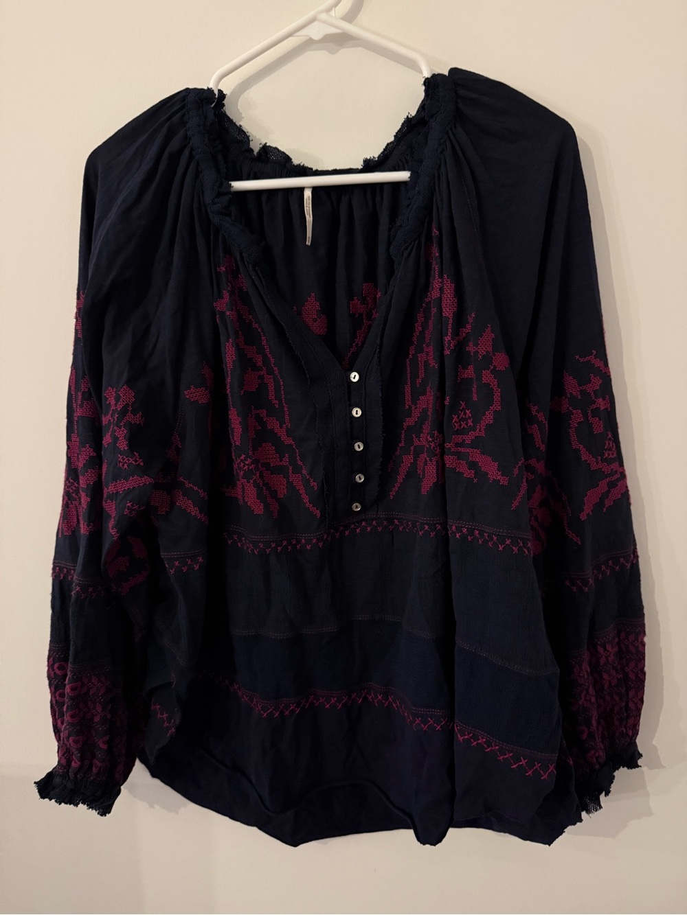 Free People Persuasion Navy Top Embroidered Mesh Pullover Extra Small boho
